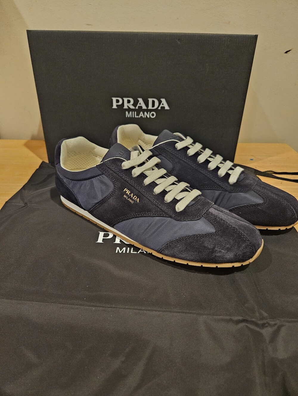 $1120 Prada men Navy suede & fabric lsneakers gold-tone PRADA MILANO logo UK 10